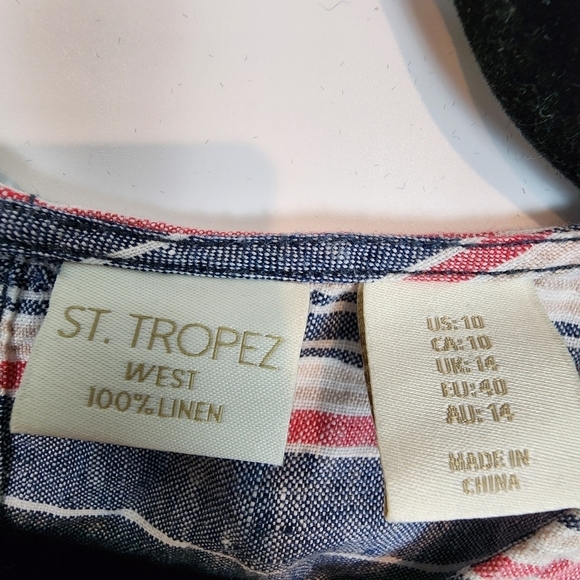 St. Tropez West 100% Linen Stripe Summer Dress Breathable Beachy Red Blue Tan 10 - Picture 6 of 11